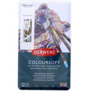 Derwent Coloursoft 12-Count Soft Colored Pencils + Free Illustration Pen Set NWT